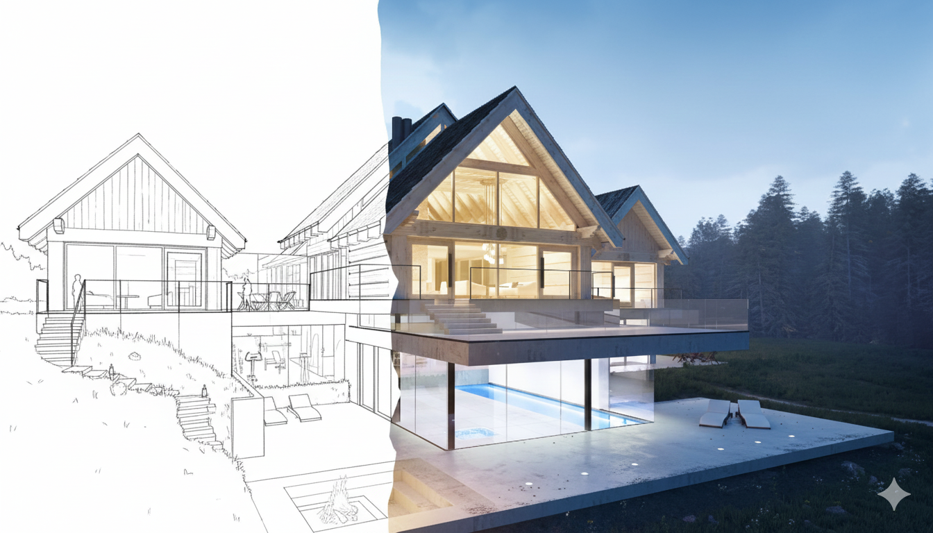 Visualisierung einer modernen Satteldach-Villa mit Pool von bauxl — links die Planzeichnung, rechts die fertige Realität