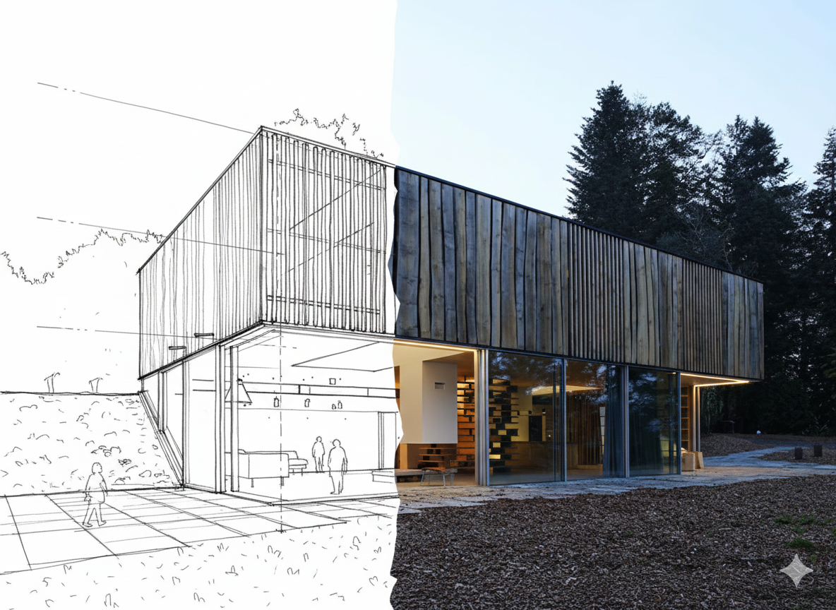 Vom Strich zur Realität: Architektur-Visualisierung eines modernen Holzhauses von bauxl — links die Planskizze, rechts der fertige Bau